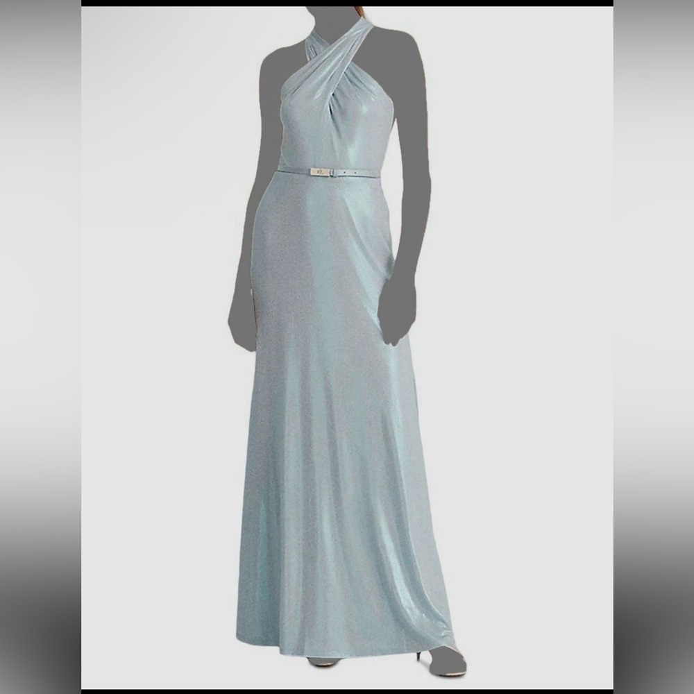 Ralph Lauren Pale Metallic Blue Halter Maxi Dress NWT